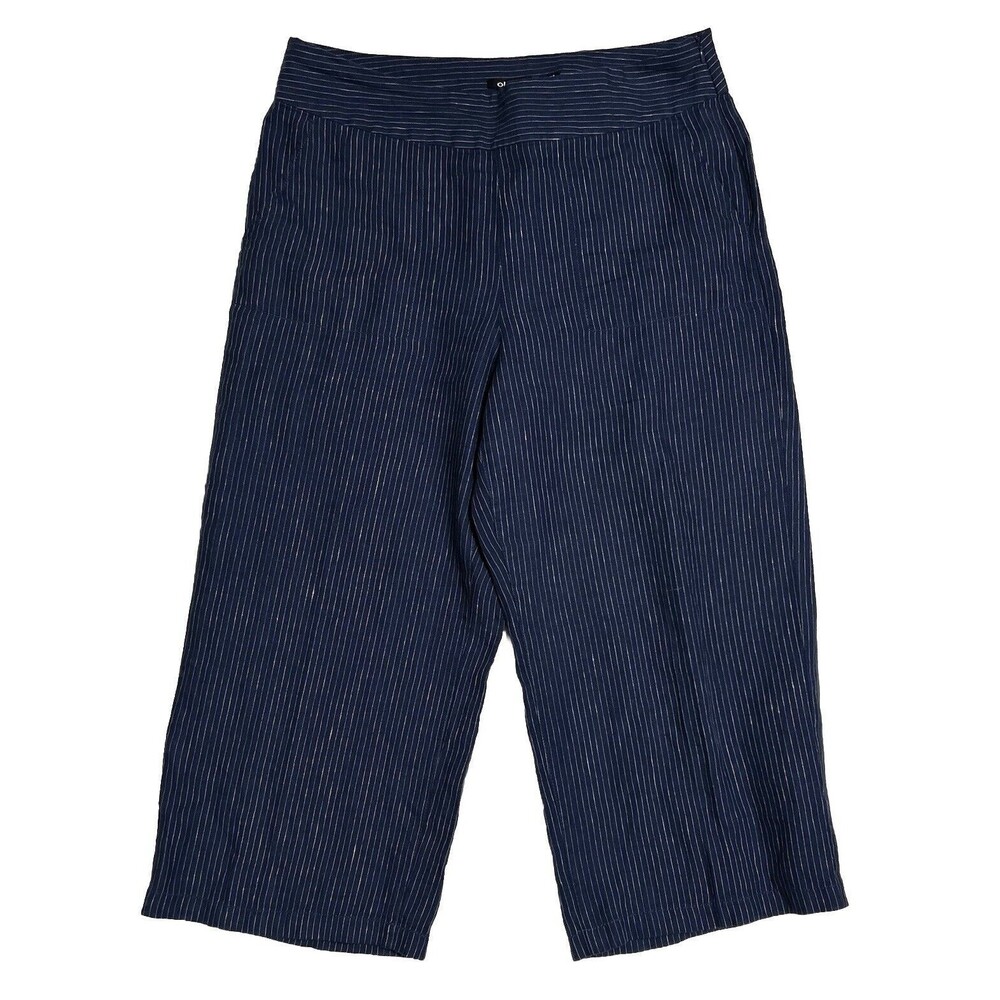 Olsen Anna Wide Leg Linen Pants Women’s L Blue Striped Crop Gaucho Palazzo